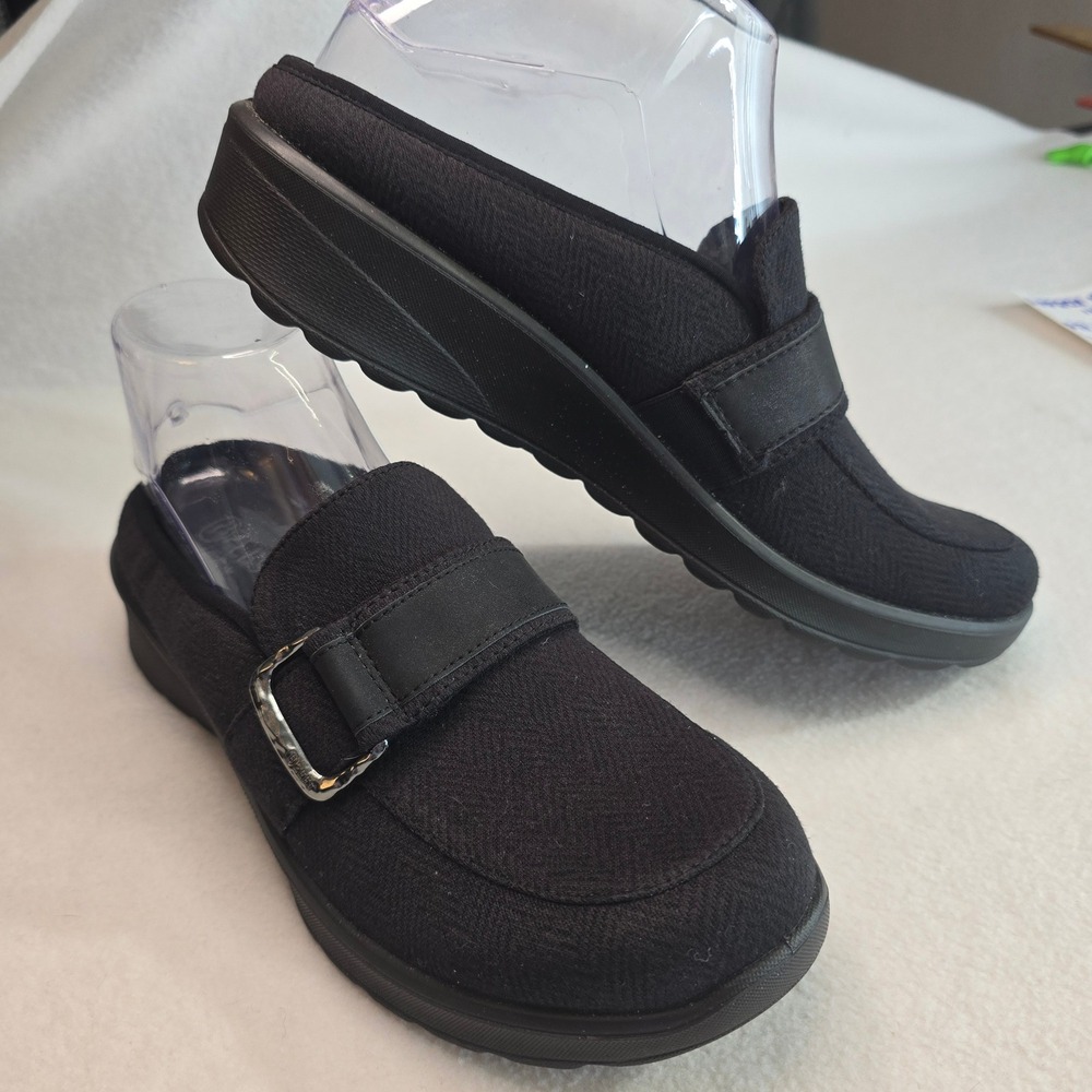 Bzees Galleria Slip On Comfort Wedge Mules Clogs Shoes Buckle Black Women 8.5 M
